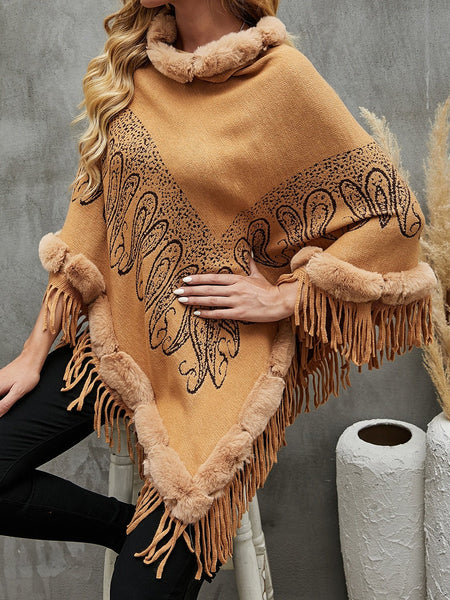 Graphic Fringe Cape Sleeve Poncho - Opulent EmpireGraphic Fringe Cape Sleeve PonchoOpulent EmpireClothing