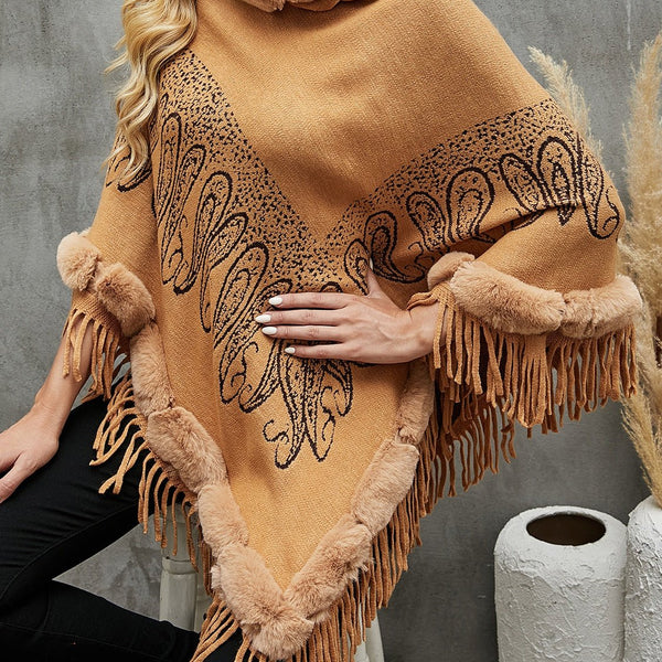 Graphic Fringe Cape Sleeve Poncho - Opulent EmpireGraphic Fringe Cape Sleeve PonchoOpulent EmpireClothing