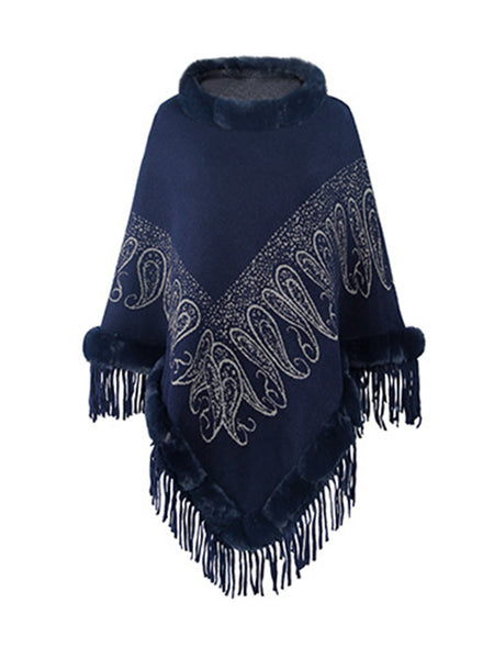 Graphic Fringe Cape Sleeve Poncho - Opulent EmpireGraphic Fringe Cape Sleeve PonchoOpulent EmpireClothing