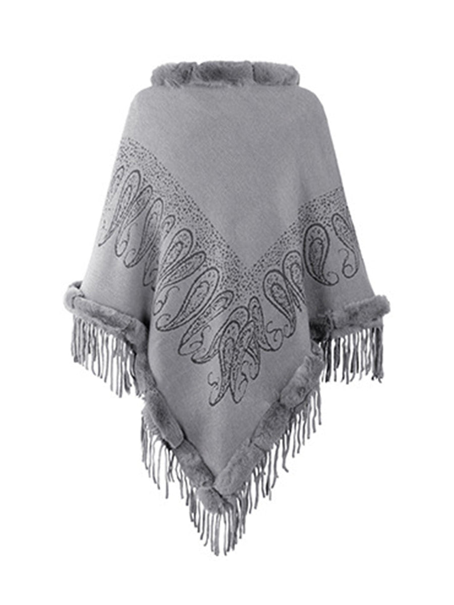 Graphic Fringe Cape Sleeve Poncho - Opulent EmpireGraphic Fringe Cape Sleeve PonchoOpulent EmpireClothing