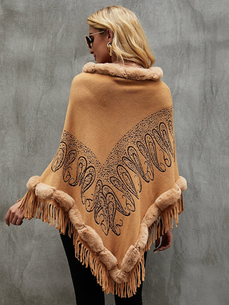 Graphic Fringe Cape Sleeve Poncho - Opulent EmpireGraphic Fringe Cape Sleeve PonchoOpulent EmpireClothing