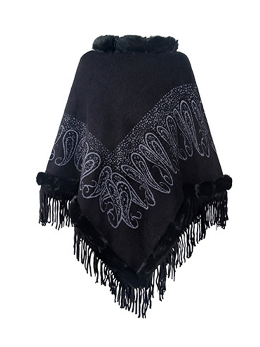 Graphic Fringe Cape Sleeve Poncho - Opulent EmpireGraphic Fringe Cape Sleeve PonchoOpulent EmpireClothing