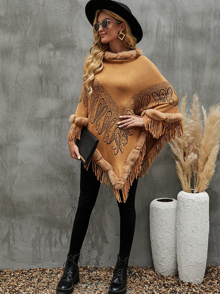 Graphic Fringe Cape Sleeve Poncho - Opulent EmpireGraphic Fringe Cape Sleeve PonchoOpulent EmpireClothing