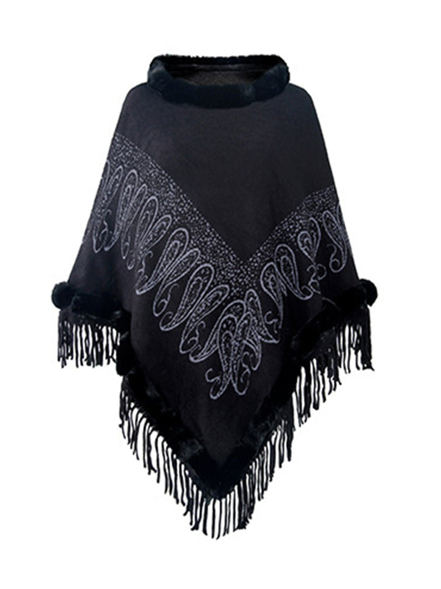 Graphic Fringe Cape Sleeve Poncho - Opulent EmpireGraphic Fringe Cape Sleeve PonchoOpulent EmpireClothing