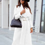 Women's long-sleeved buttoned V-neck strappy woolen coat