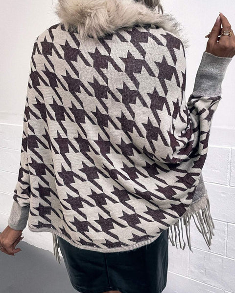 Houndstooth Fringe Hem Poncho - Opulent EmpireHoundstooth Fringe Hem PonchoOpulent EmpireClothing