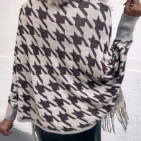 Houndstooth Fringe Hem Poncho - Opulent EmpireHoundstooth Fringe Hem PonchoOpulent EmpireClothing