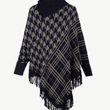 Houndstooth Turtleneck Fringe Hem Poncho - Opulent EmpireHoundstooth Turtleneck Fringe Hem PonchoOpulent EmpireClothing