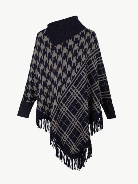 Houndstooth Turtleneck Fringe Hem Poncho - Opulent EmpireHoundstooth Turtleneck Fringe Hem PonchoOpulent EmpireClothing