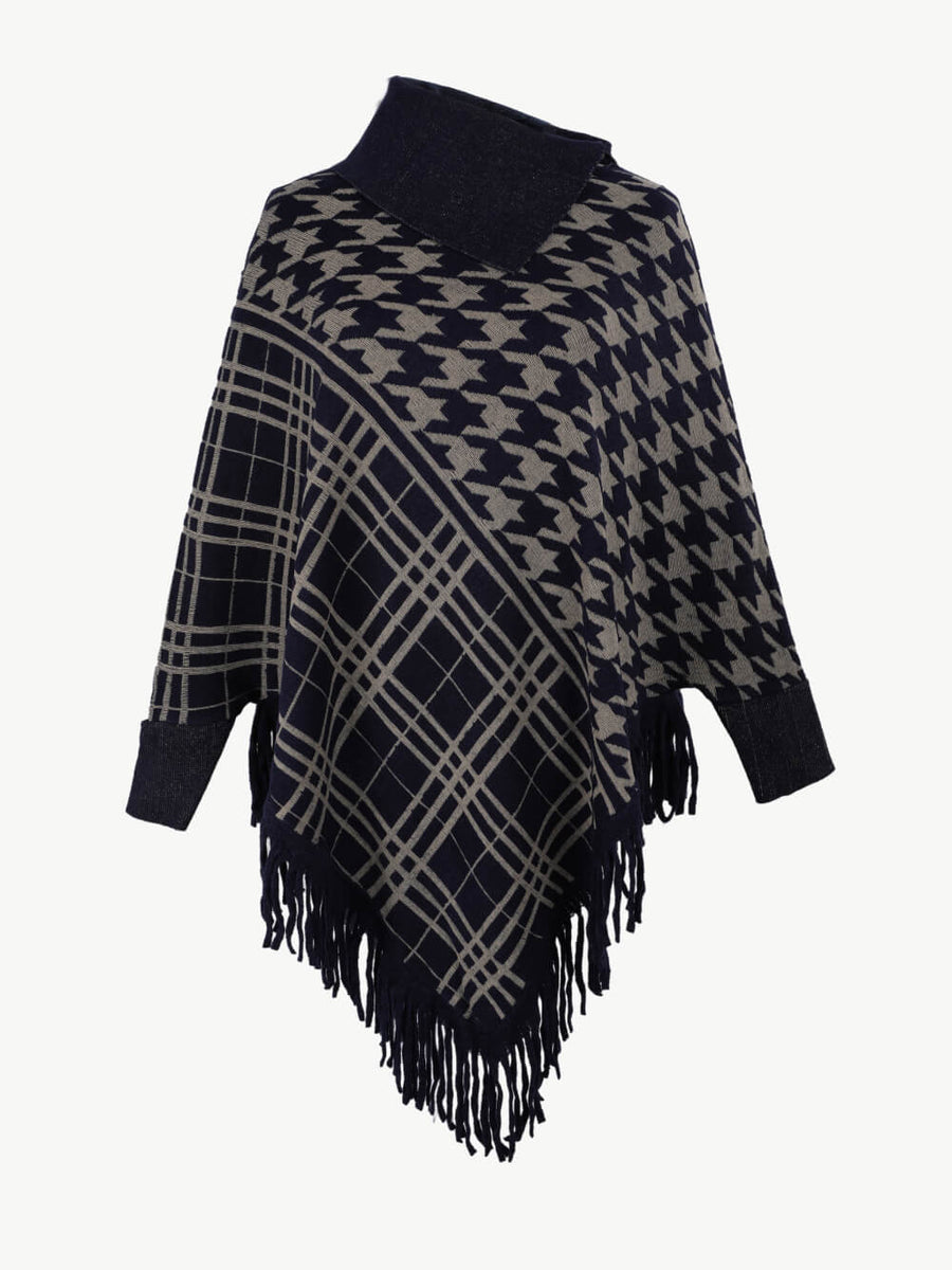 Houndstooth Turtleneck Fringe Hem Poncho - Opulent EmpireHoundstooth Turtleneck Fringe Hem PonchoOpulent EmpireClothing