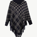 Houndstooth Turtleneck Fringe Hem Poncho - Opulent EmpireHoundstooth Turtleneck Fringe Hem PonchoOpulent EmpireClothing