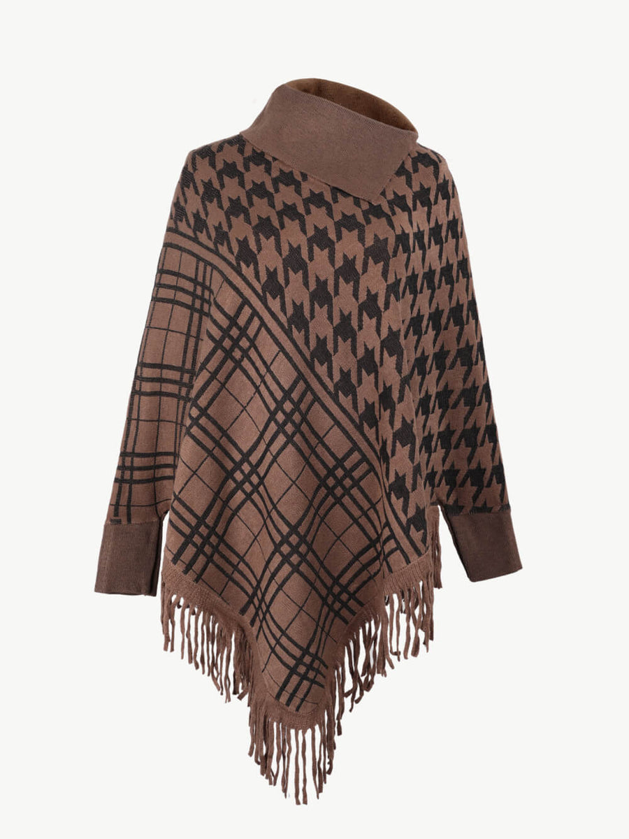 Houndstooth Turtleneck Fringe Hem Poncho - Opulent EmpireHoundstooth Turtleneck Fringe Hem PonchoOpulent EmpireClothing