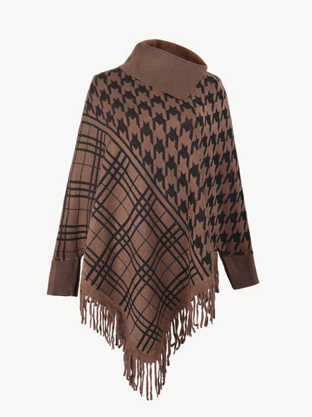 Houndstooth Turtleneck Fringe Hem Poncho - Opulent EmpireHoundstooth Turtleneck Fringe Hem PonchoOpulent EmpireClothing