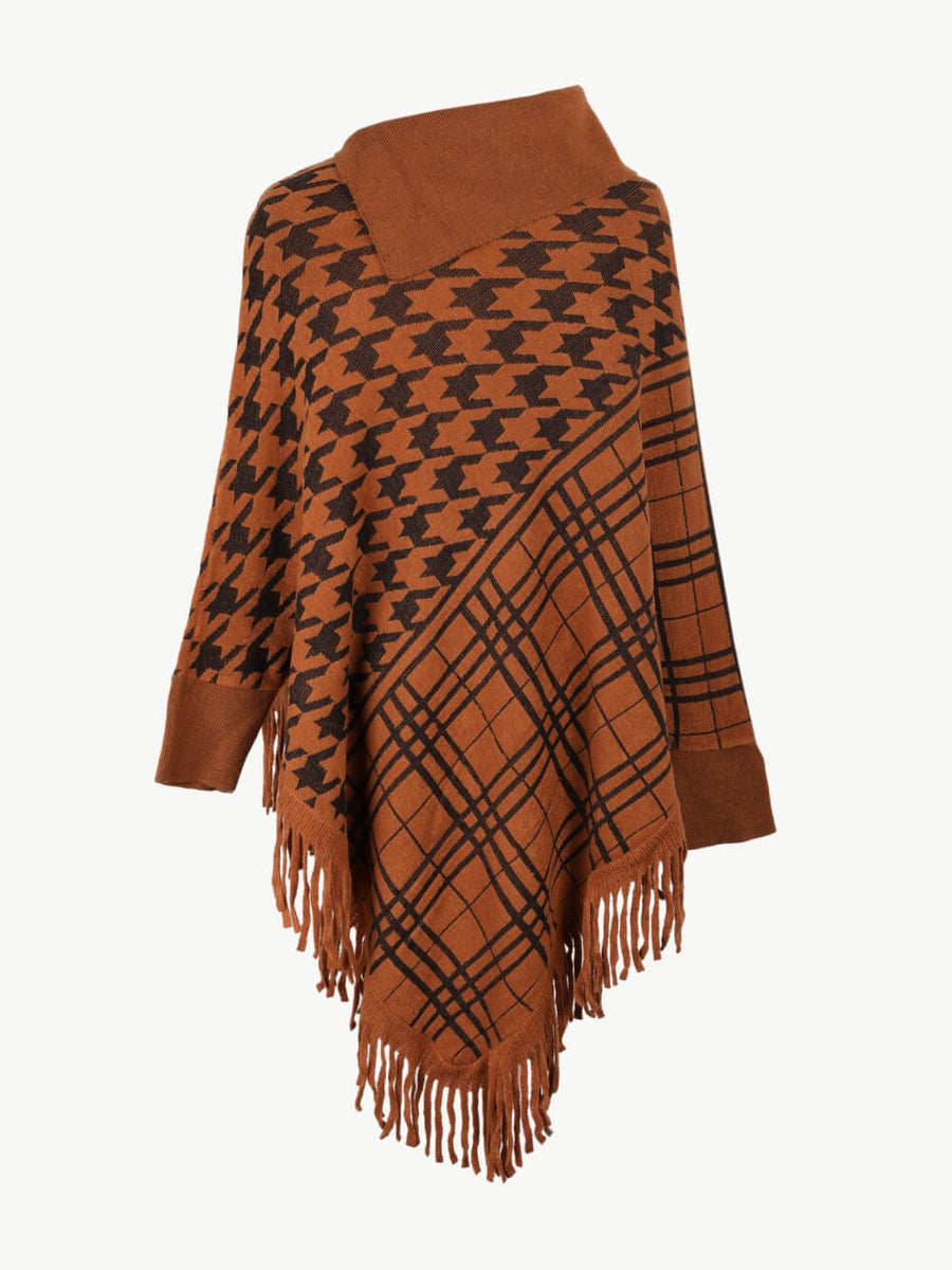 Houndstooth Turtleneck Fringe Hem Poncho - Opulent EmpireHoundstooth Turtleneck Fringe Hem PonchoOpulent EmpireClothing