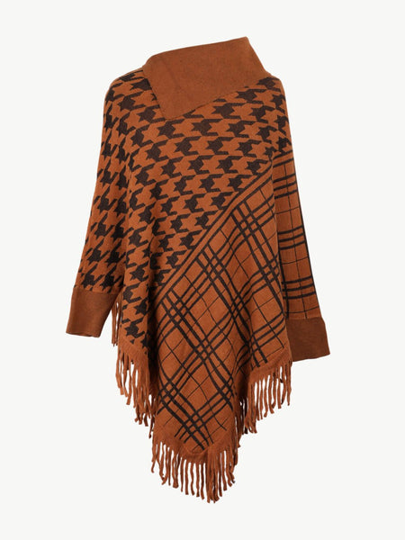 Houndstooth Turtleneck Fringe Hem Poncho - Opulent EmpireHoundstooth Turtleneck Fringe Hem PonchoOpulent EmpireClothing