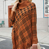 Houndstooth Turtleneck Fringe Hem Poncho - Opulent EmpireHoundstooth Turtleneck Fringe Hem PonchoOpulent EmpireClothing