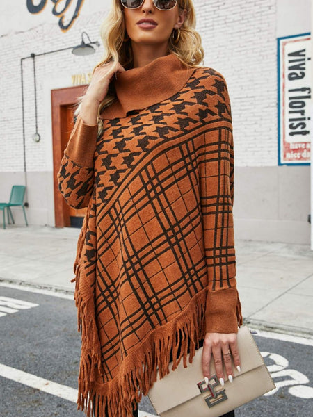 Houndstooth Turtleneck Fringe Hem Poncho - Opulent EmpireHoundstooth Turtleneck Fringe Hem PonchoOpulent EmpireClothing