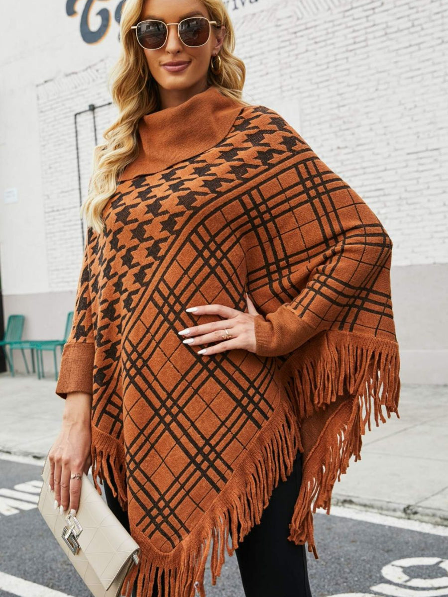 Houndstooth Turtleneck Fringe Hem Poncho - Opulent EmpireHoundstooth Turtleneck Fringe Hem PonchoOpulent EmpireClothing