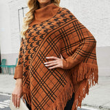 Houndstooth Turtleneck Fringe Hem Poncho - Opulent EmpireHoundstooth Turtleneck Fringe Hem PonchoOpulent EmpireClothing