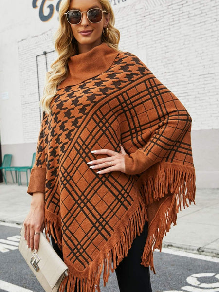 Houndstooth Turtleneck Fringe Hem Poncho - Opulent EmpireHoundstooth Turtleneck Fringe Hem PonchoOpulent EmpireClothing