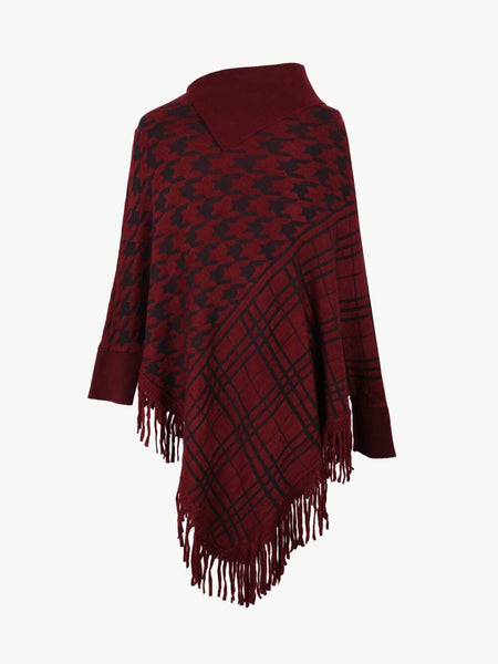 Houndstooth Turtleneck Fringe Hem Poncho - Opulent EmpireHoundstooth Turtleneck Fringe Hem PonchoOpulent EmpireClothing