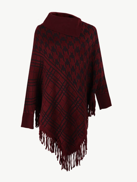 Houndstooth Turtleneck Fringe Hem Poncho - Opulent EmpireHoundstooth Turtleneck Fringe Hem PonchoOpulent EmpireClothing