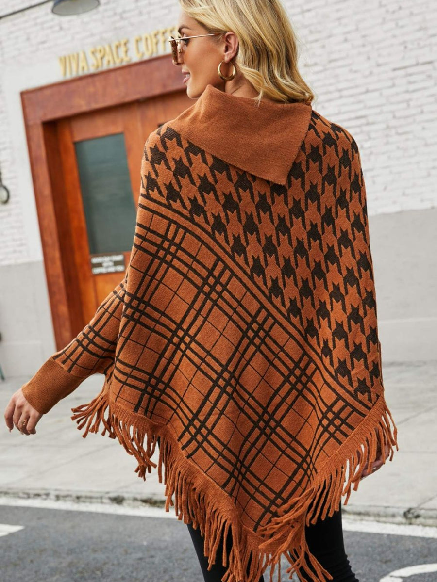 Houndstooth Turtleneck Fringe Hem Poncho - Opulent EmpireHoundstooth Turtleneck Fringe Hem PonchoOpulent EmpireClothing