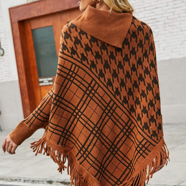 Houndstooth Turtleneck Fringe Hem Poncho - Opulent EmpireHoundstooth Turtleneck Fringe Hem PonchoOpulent EmpireClothing