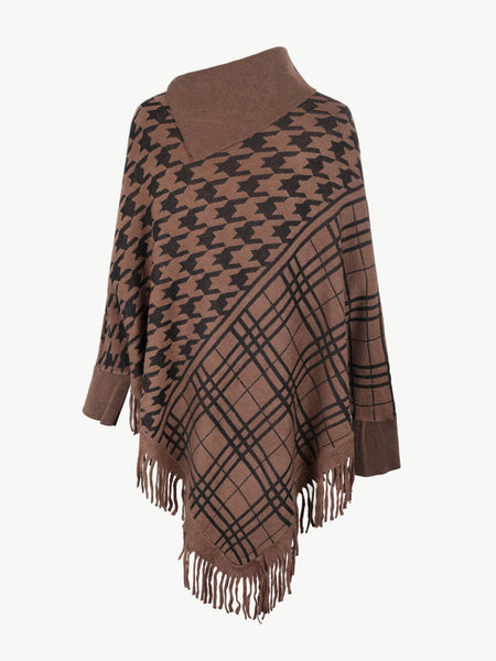 Houndstooth Turtleneck Fringe Hem Poncho - Opulent EmpireHoundstooth Turtleneck Fringe Hem PonchoOpulent EmpireClothing