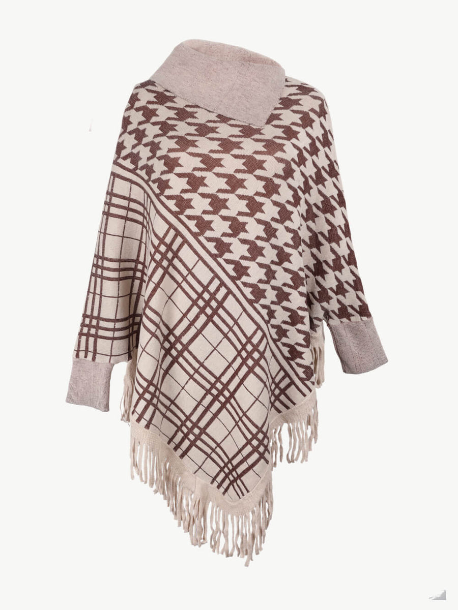 Houndstooth Turtleneck Fringe Hem Poncho - Opulent EmpireHoundstooth Turtleneck Fringe Hem PonchoOpulent EmpireClothing