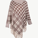 Houndstooth Turtleneck Fringe Hem Poncho - Opulent EmpireHoundstooth Turtleneck Fringe Hem PonchoOpulent EmpireClothing