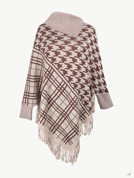 Houndstooth Turtleneck Fringe Hem Poncho - Opulent EmpireHoundstooth Turtleneck Fringe Hem PonchoOpulent EmpireClothing