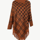 Houndstooth Turtleneck Fringe Hem Poncho - Opulent EmpireHoundstooth Turtleneck Fringe Hem PonchoOpulent EmpireClothing