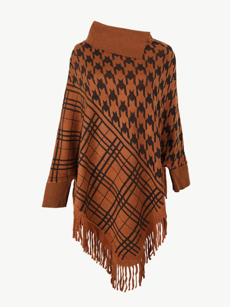 Houndstooth Turtleneck Fringe Hem Poncho - Opulent EmpireHoundstooth Turtleneck Fringe Hem PonchoOpulent EmpireClothing