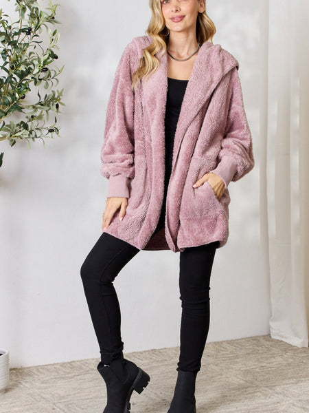 H&T Faux Fur Open Front Hooded Jacket - Opulent EmpireH&T Faux Fur Open Front Hooded JacketOpulent Empire