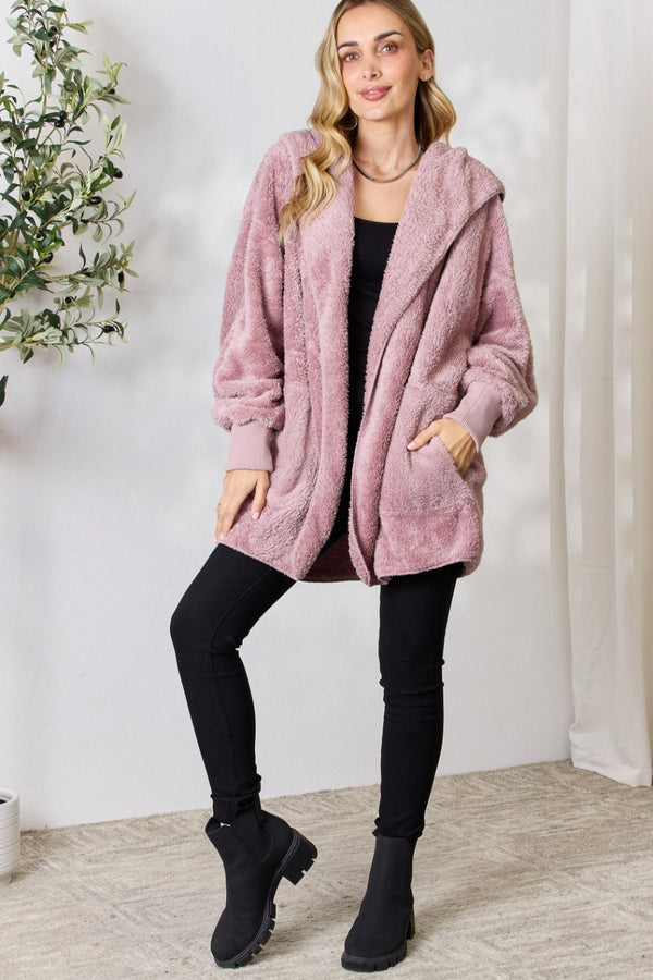 H&T Faux Fur Open Front Hooded Jacket - Opulent EmpireH&T Faux Fur Open Front Hooded JacketOpulent Empire