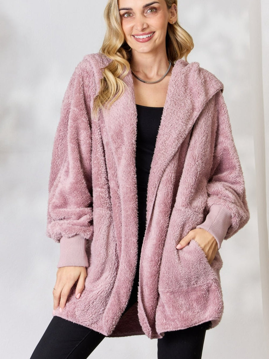 H&T Faux Fur Open Front Hooded Jacket - Opulent EmpireH&T Faux Fur Open Front Hooded JacketOpulent Empire