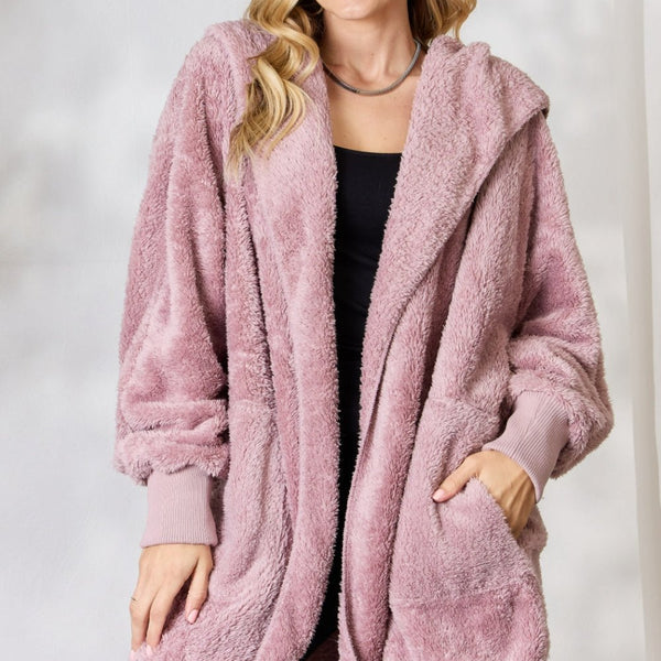 H&T Faux Fur Open Front Hooded Jacket - Opulent EmpireH&T Faux Fur Open Front Hooded JacketOpulent Empire