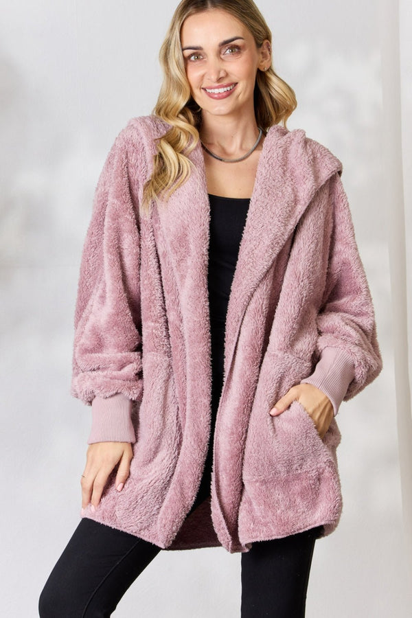 H&T Faux Fur Open Front Hooded Jacket - Opulent EmpireH&T Faux Fur Open Front Hooded JacketOpulent Empire