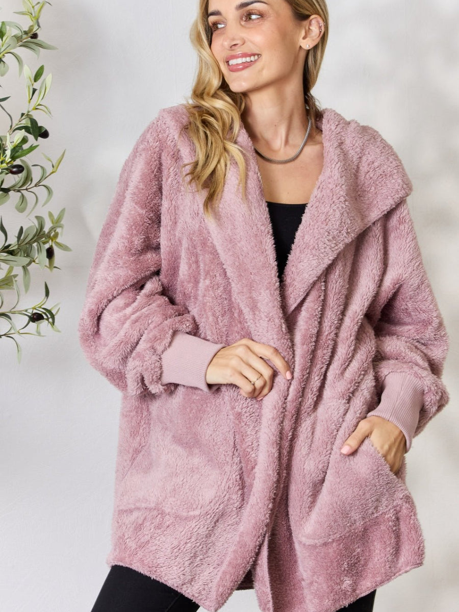 H&T Faux Fur Open Front Hooded Jacket - Opulent EmpireH&T Faux Fur Open Front Hooded JacketOpulent Empire