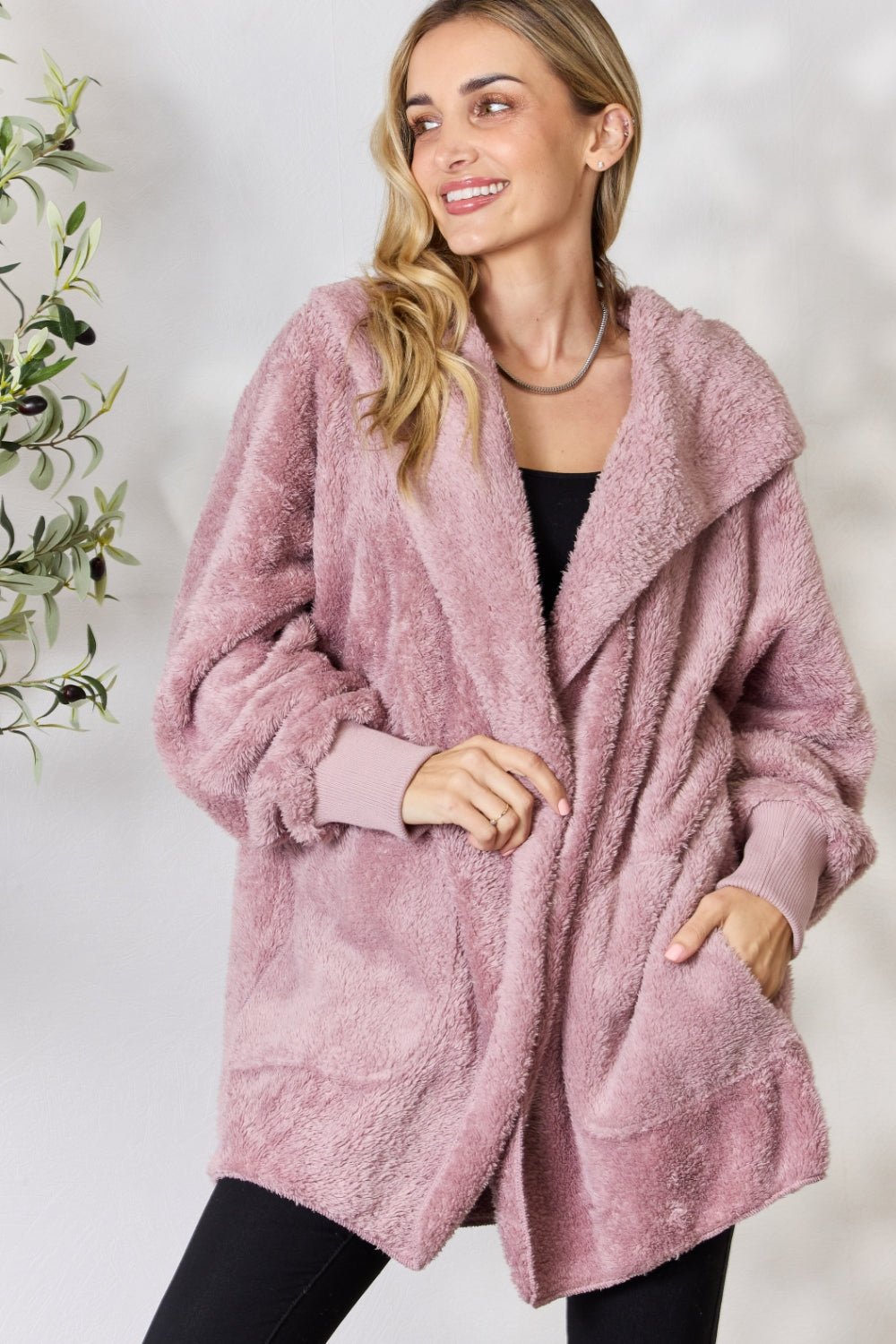 H&T Faux Fur Open Front Hooded Jacket - Opulent EmpireH&T Faux Fur Open Front Hooded JacketOpulent Empire