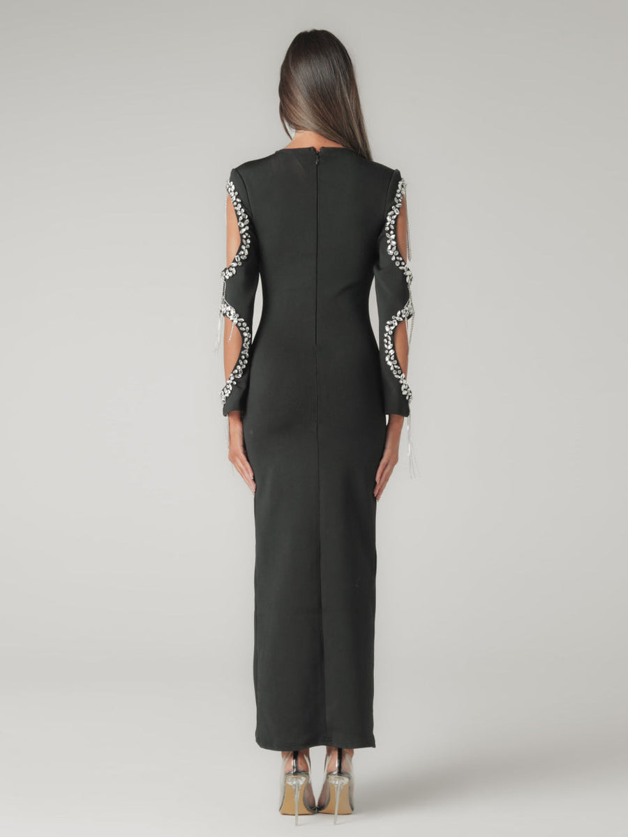Bandage-Kleid mit Kristallen, Quasten und Cutouts an den Ärmeln