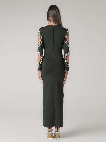Bandage-Kleid mit Kristallen, Quasten und Cutouts an den Ärmeln