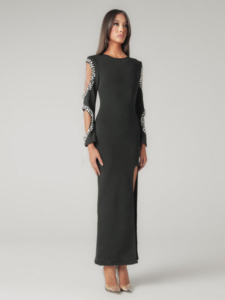 Bandage-Kleid mit Kristallen, Quasten und Cutouts an den Ärmeln