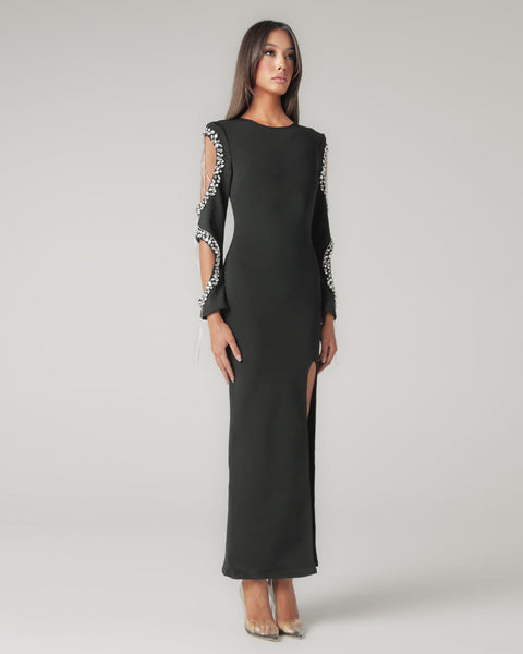 Crystal Tassels Cutout-Sleeve Bandage Dress