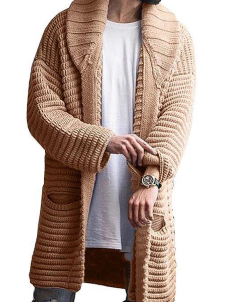 Men's Mid-Length Cardigan Lapel Long Sleeve Knitted Jacket