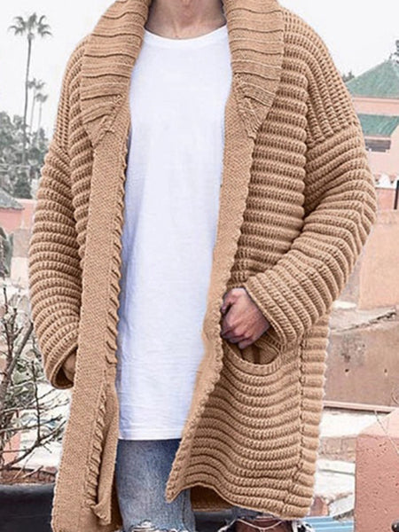 Men's Mid-Length Cardigan Lapel Long Sleeve Knitted Jacket