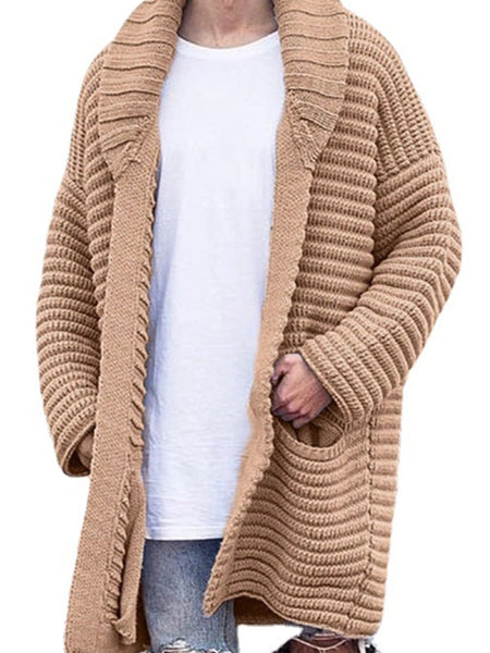 Men's Mid-Length Cardigan Lapel Long Sleeve Knitted Jacket