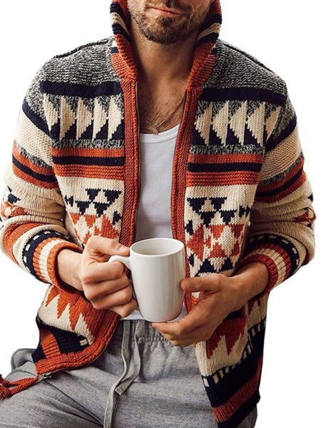 Men's Long Sleeve Lapel Outer Sweater Embroidered Stand Collar Zip Sweater