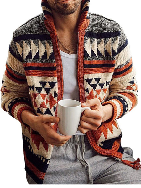 Men's Long Sleeve Lapel Outer Sweater Embroidered Stand Collar Zip Sweater